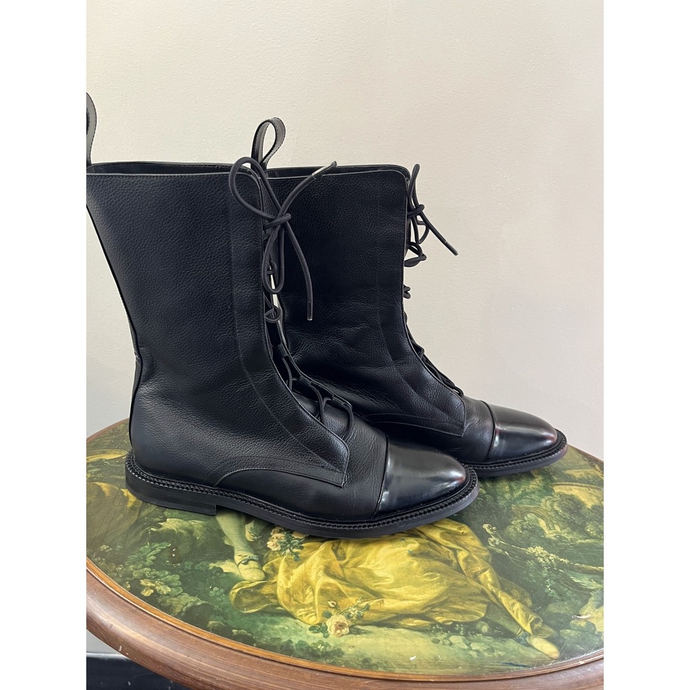 INCH2 Handcrafted Black Leather Lace Up Combat Boots Size 37